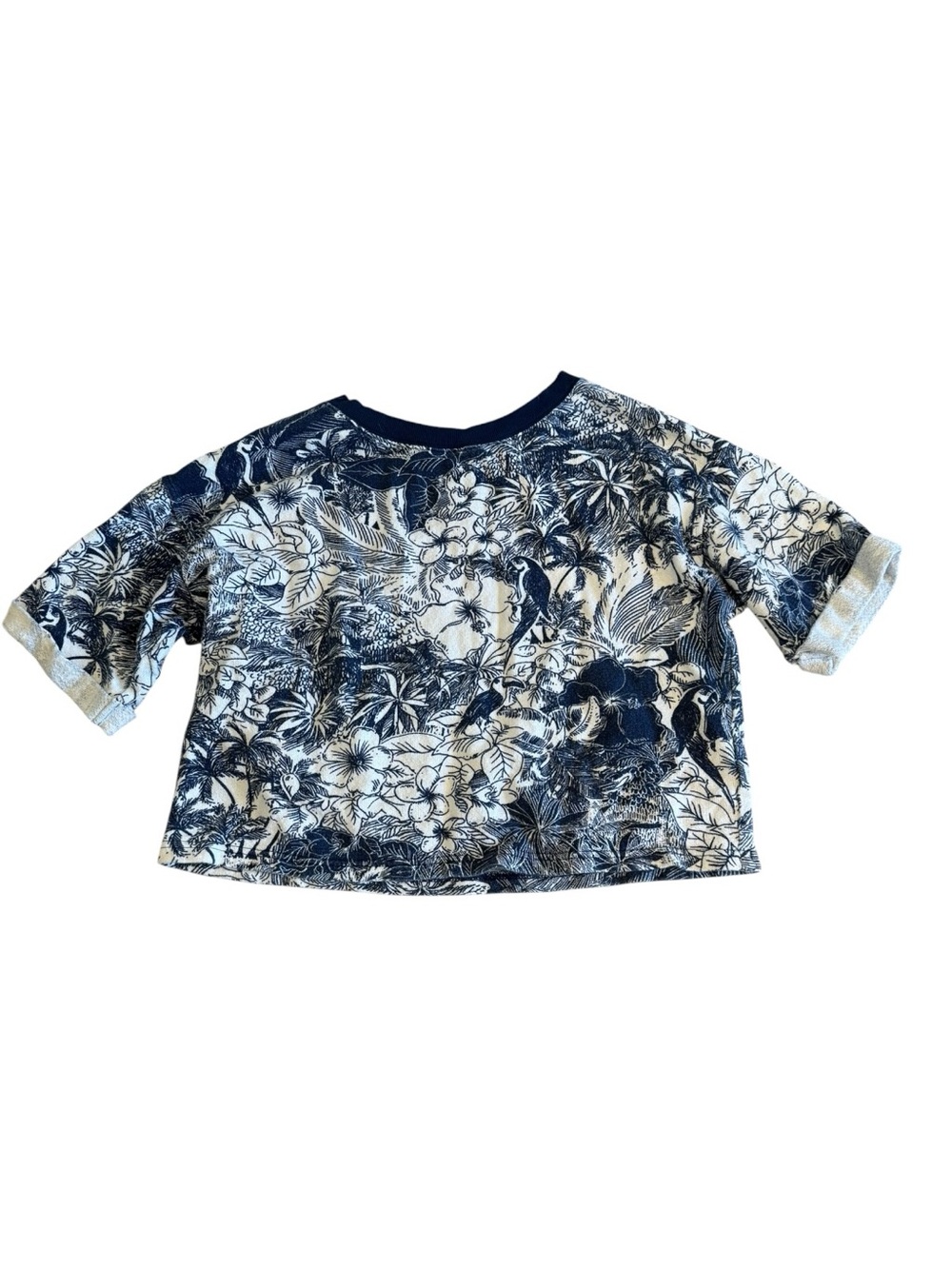 OLD NAVY Women's Small Crew Neck Short Sleeve Cropped Shirt Palm Tropical Print